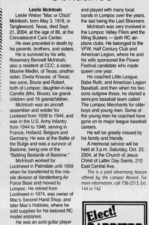 Obituary for Leslie Weber Mcintosh, 1918-2004 (Aged 86)
